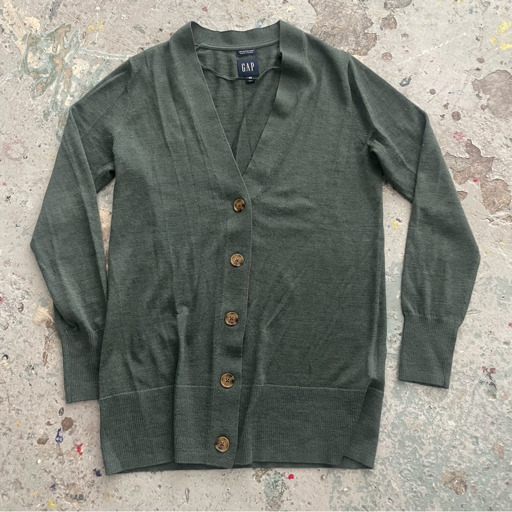 GAP Merino Wool Grandpa Cardigan Sweater Dark Green V-Neck Button Up XS